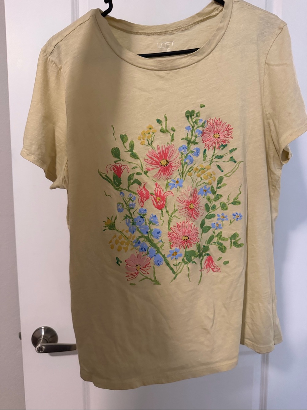 LOFT Cream Tee with Pink & Blue Floral Embroidery